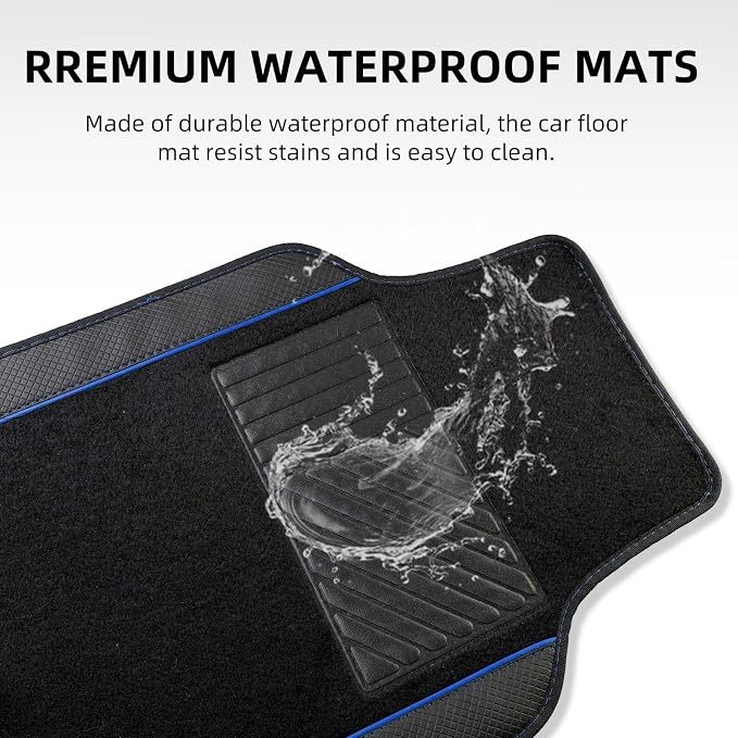 NBTEPEM Microfiber Steering Wheel Cover and Waterproof Car Floor Mats, Universal Fit Most Truck, SUV, Cars, 14.5-15inch Sporty Steering Wheel Covers with Anti-Slip Lining (Black with Blue line)