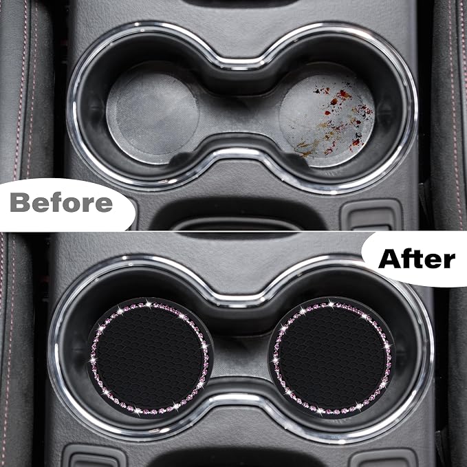 BFXM 2 PCS Bling Cup Holder Coasters for Car, Car Accessories for Women 2.75 inch Diamond Universal Non-Slip Silicone Cup Holder Coasters, Sparkly Bling (Pink Diamond)
