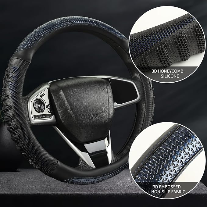 Anti-Slip Silicone Steering Wheel Cover Great Grip with 3D Honeycomb | Heavy-duty Microfiber Leather Sporty Design, Small 13.5 inch - 14 inch, Black with Blue