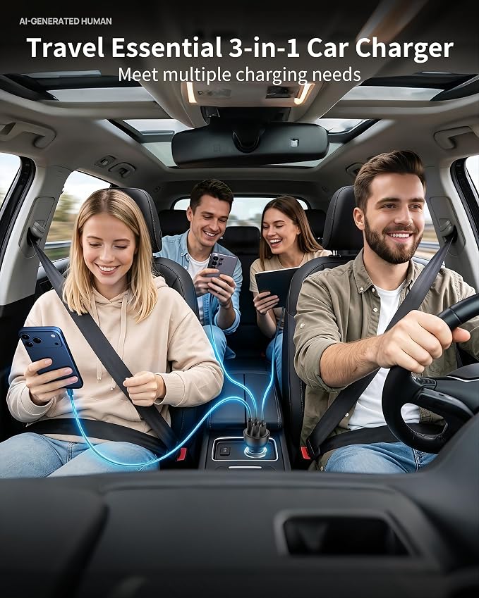 iPhone 17 16 15 Pro Car Charger, 70W 3-Port Car Charger USB C Fast Charge | Cigarette Lighter Adapter, with 3FT Type C Cable, for iPhone 17/17 Pro Max/Air/17e/16/15 Pro Max/iPad,Cars Travel Accessories
