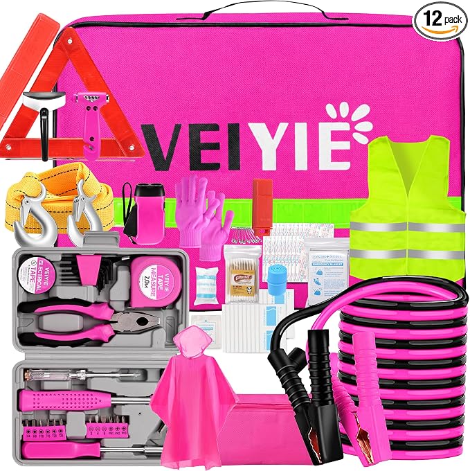 Roadside Car Emergency Kit for Vehicles, 12PCS Pink Car Safety Kit with Jumper Cables, Tool kit, Tow Strap, Road Trip Essentials, Survival Kit for Men, Women, New Driver Gifts