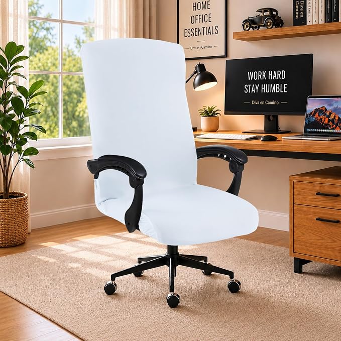Stretch Computer Office Chair Cover with Durable Zipper - Universal Washable Removable Spandex Rotating Boss Chair Slipcovers - Anti-dust Soft Desk Chair Seat Protector for Dogs, Cats, Pets (White)