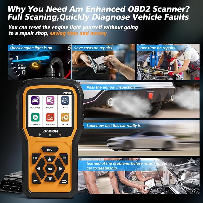 ZMOON ZM301 OBD2 Scanner Diagnostic Tool, Car Code Reader Scan Tools | Enhanced Check Engine Light Clear, Universal OBDII EOBD System Auto Reader for All Vehicles After 1996
