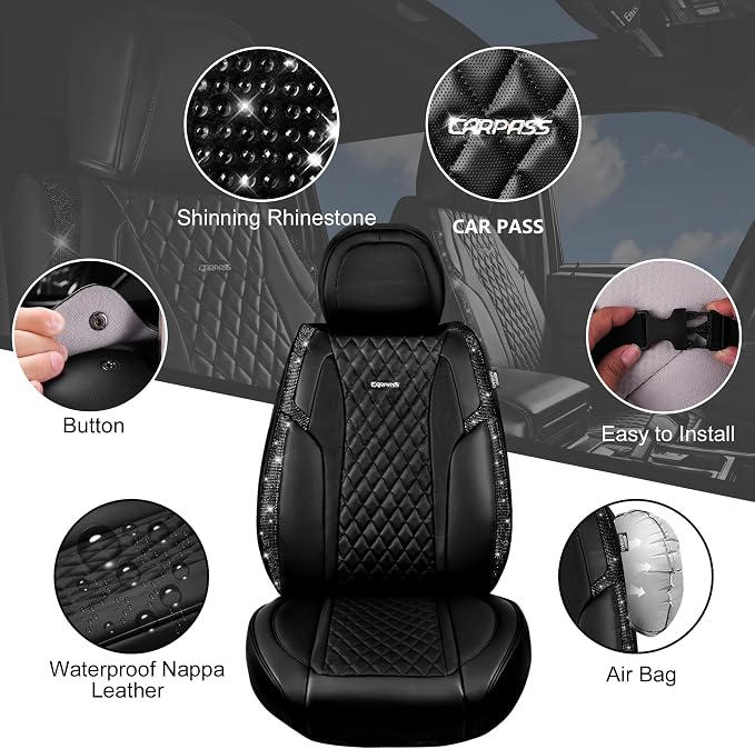 CAR Pass Bling Car Seat Covers, Microfiber Nappa Leather Luxury Cushioned, Waterproof Heavy-Duty Anti-Slip Universal Fit for Auto SUV Sedan, Sparkly Glitter Shining Rhinestone Full Set, Black Diamond
