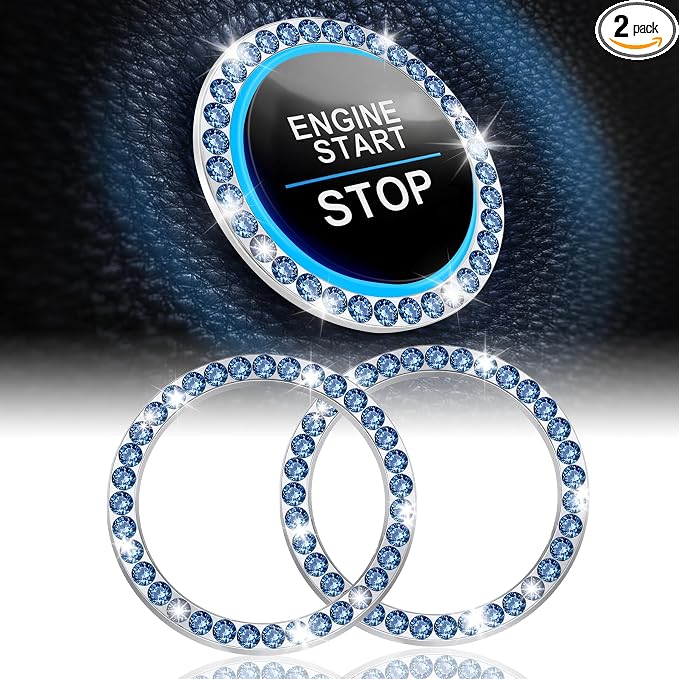 LivTee 2 PCS Crystal Rhinestone Car Engine Start Stop Decoration Ring, Bling Car Interior Accessories for Women, Push to Start Button Cover Sticker, Automotive Decals, Blue