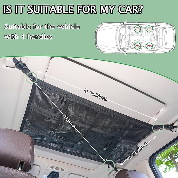 Car Ceiling Cargo Net Pocket 31"x21" Double-Layer Roof Storage for SUV Van | Heavy-duty nylon 31"x21" double-layer ceiling net, fits 4-handle SUVs & vans, holds gear for camping, road trips & van life