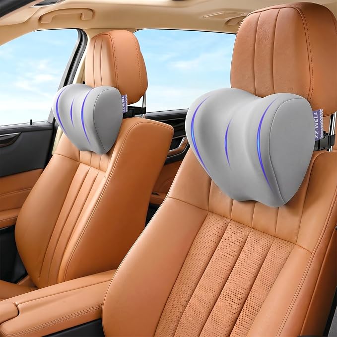 ZZ-WELL Car Headrest Pillow, Car Neck Pillow for Neck Pain Relief with Adjustable Strap, Memory Foam & Breathable Removable Cover, Travel Car Neck Pillow for Pain Relief While Driving (Grey, 2Pack)