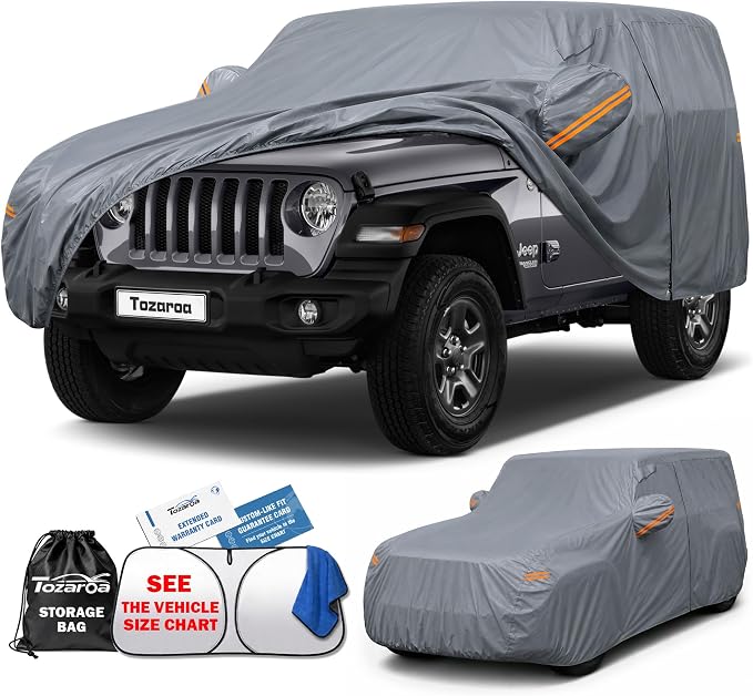 Jeep Wrangler 2 Door Cover Waterproof All-Weather,Outdoor Full Exterior SUV Car Cover for Wrangler YJ TJ JK JL(1987-2026),with Windshield Sun Shade,Towel&Storage Bag,Size J2 (See SizeChart)