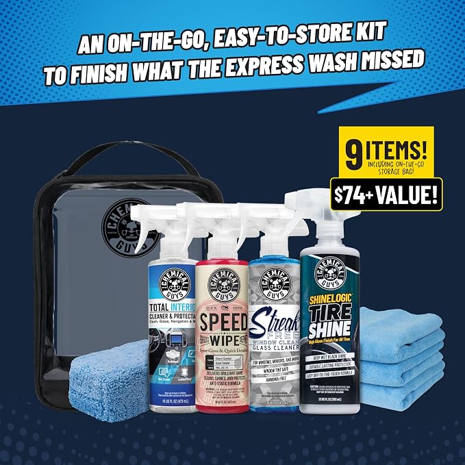 Chemical Guys Car Detailing Kit, Interior and Exterior Cleaning, 9-Piece | Includes Tire Shine, Quick Detailer, Total Interior & Glass Cleaner, Microfiber Towels, Applicator & Storage Bag