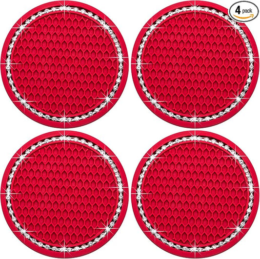 4PCS Bling Cup Holder Coaster, 2.75 Inch Auto Car Cup Holder Insert Coasters, Soft Silicone Anti-Slip Shockproof, Universal Vehicle Interior Accessories for Women Girls (Red & White)