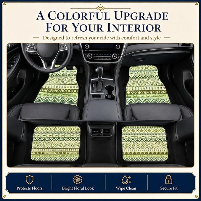 Green Aztec Car Floor Mats Set of 4 Boho Tribal Geometric Pattern Car Accessories Foot Mats Rugs, Non-Slip,Decor for Universal Fit for Suvs Sedans Trucks Cars Auto Floor Carpets Rugs All-Weather