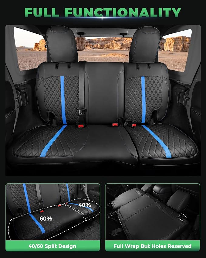 for Jeep Wrangler Seat Covers 4Door JK 2013 2014 2015 2016 2017, Custom Car Seat Cover Full Set, Luxury Leather Seat Protectors, Waterproof SUV Interior Cushions Accessories, Black Blue Trim
