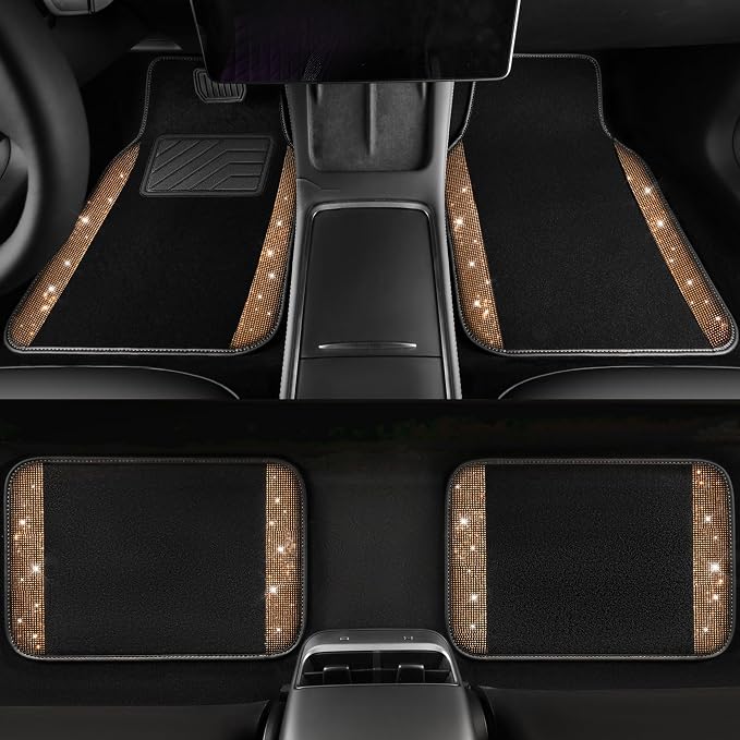 CAR PASS Bling Diamond Car Floor Mats, Shining Rhinestone Carpet Sparkly Glitter Crystal with Anti-Slip PVC Heel Pad Waterproof Universal Fit Automotive SUV,Sedan,Van,Cute Girl Women,4pcs Golden