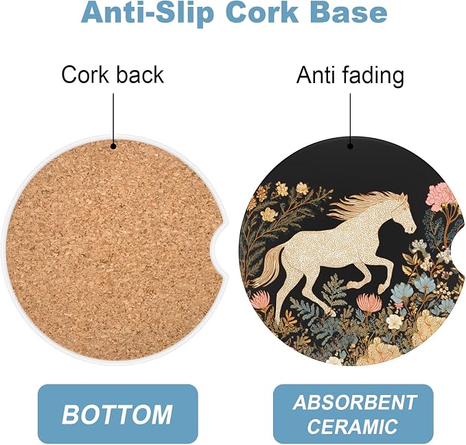 2 Pack Car Cup Holder Coaster, 2.63 inch Anti Slip Insert Absorbent Ceramic Car Coaster with Cork Base and Finger Notch, Cute Car Accessories Interior for Women, Cute Car Coasters.