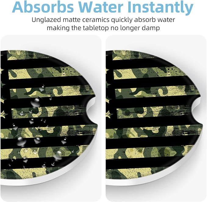 2 Pack Car Coasters for Cup Holders, 2.56" Universal Absorbent Ceramic Stone Car Cup Holder Coasters with Non-Slip Cork Base, Car Accessories for Women Men(Green Camouflage American Flag)