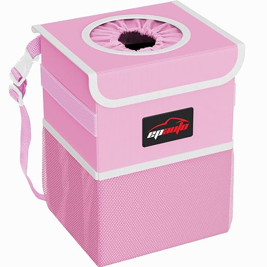 EPAuto Waterproof Car Trash Can with Lid and Pockets, 2.5 Gal, Pink | Leakproof, Collapsible Multipurpose Car Bin with 3 Side Storage Pockets, Adjustable Straps
