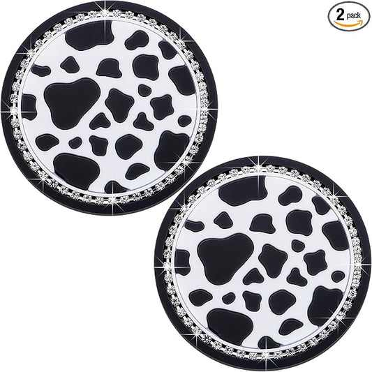 2PCS Bling Silicone Cup Holder Coaster – 2.75 Inch Universal Fit, Anti-Slip & Shockproof, Cute Car Accessories for Girls (Cow Print)