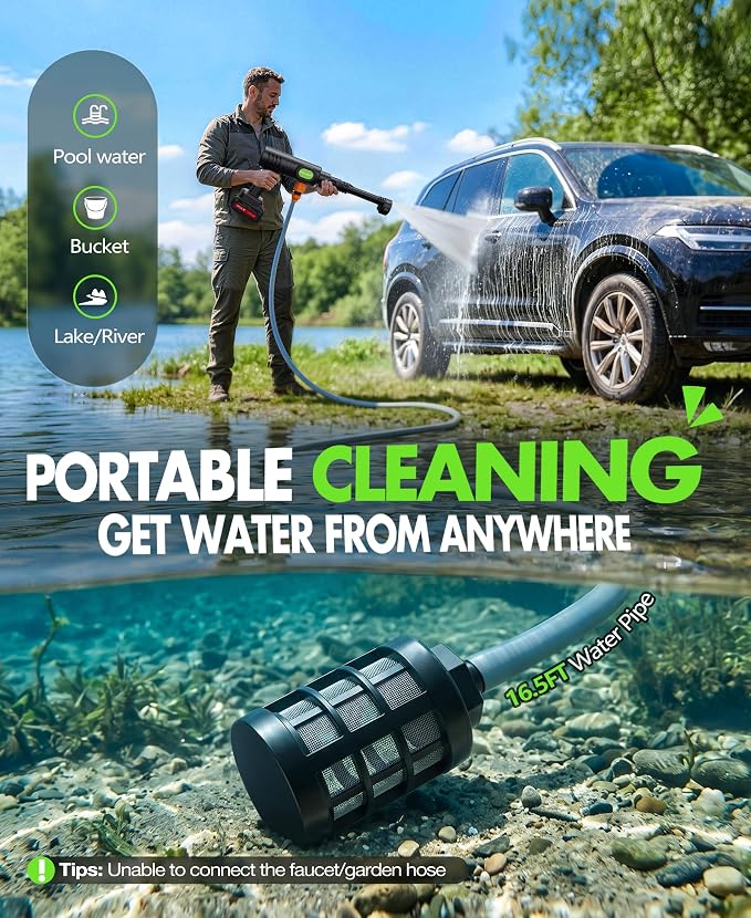 PoolLeader Cordless Car Cleaning Tool with 6-in-1 Nozzle & Foam Cannon | Lightweight Portable Design, Battery Operated Cordless Car Wash Spray, Handheld Wash Machine for Car, Patio, Home -Lime Green