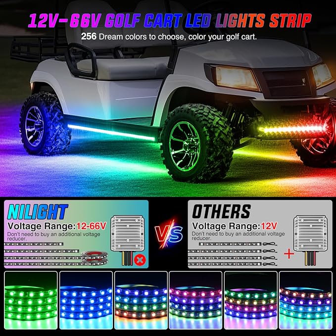 Nilight 4PCS Golf Cart Underglow LED Light Strip Dream Color Multi-Mode Neon Accent Lighting Kit APP and Remote Control Sound Active Music Sync IP67 Waterproof 12V-66V Input for EZGO Yamaha Club Car