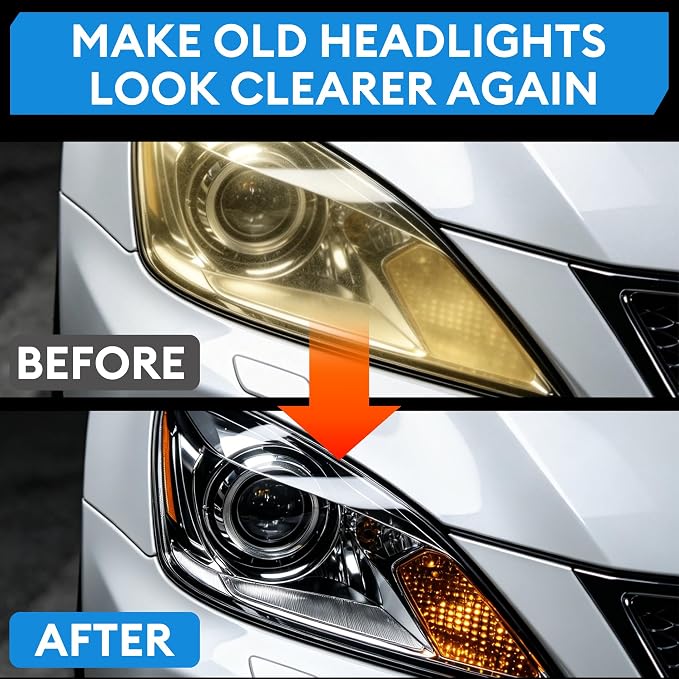 Headlight Restoration Kit, Complete DIY Car Headlight Cleaner, Restorer and Polish for Yellowing & Oxidation, Restores Like-New Clarity with UV Clear Coat and Accessories