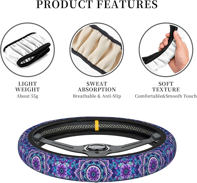 Purple Mandala Steering Wheel Cover for Women Girls, Universal 15 Inch Anti Slip Steering Wheel Protector Car Accessories Interior for Auto Truck SUV