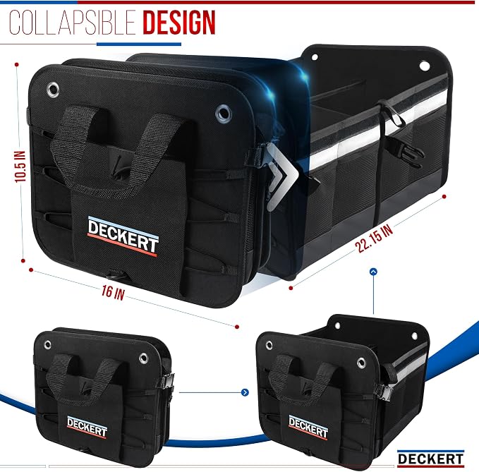 Deckert Large Size 61L Car SUV Trunk Organizer, 600D Oxford Polyester, Collapsible, Multi compartments, Securing straps, Suitable for any car type, Black with Reflective Stripes