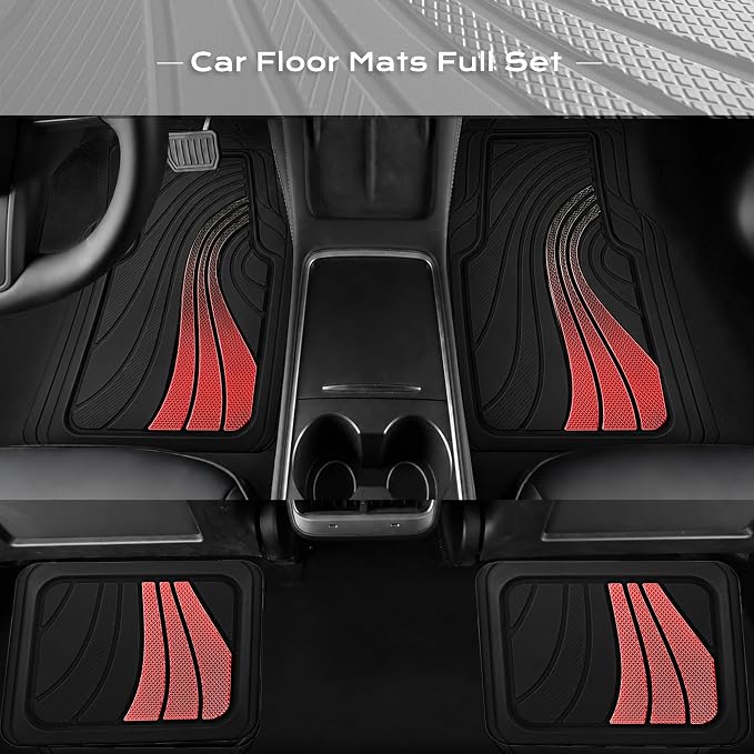 Road Comforts Car Floor Mats Full Set – Front & Rear Car Floor Mats with Aluminum Design, Anti-Slip Backing, All-Weather Protection, Trim-to-Fit Car Mats for Most Sedans, SUVs & Vans - Red