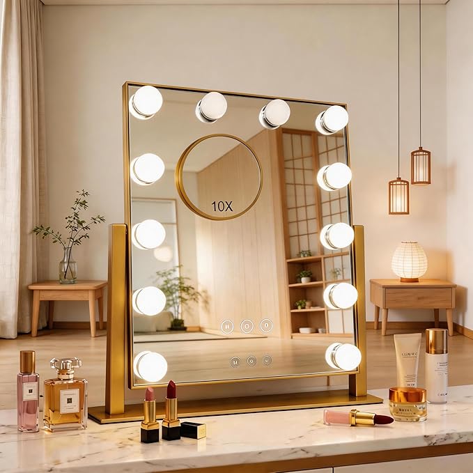 Makeup Vanity Mirror with LED Lights Makeup Mirror Detachable 10X Magnification, Hollywood Make Up Mirror with Lighting, Smart Touch, Rechargeable,360° Rotation, Gold 17.12"x13.77"
