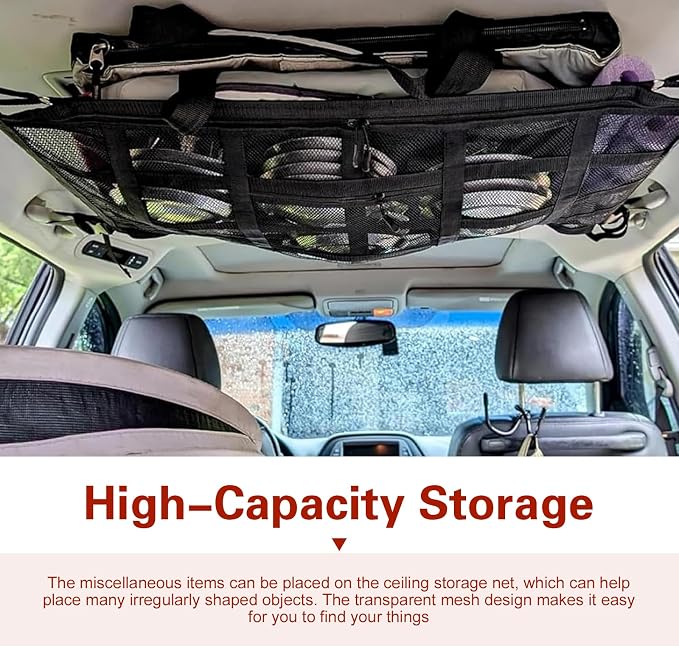 Double Layer Mesh Roof Storage Organizer, 31.5"x 21" Car Ceiling Cargo Net, Car Roof Storage, Overhead Net for SUV Truck Van Camping Travel Road Trip Essentials(Black)
