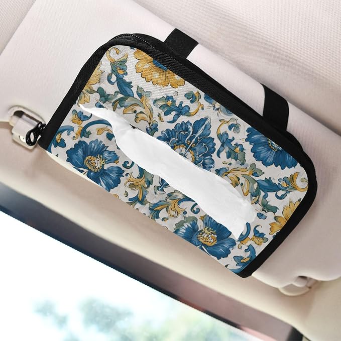 Car Visor Tissue Holder Mask Holder for Car, Car Tissue Box Sun Visor Napkin Holder Car Visor Accessories Adjustable Straps Reusable Durable Easy to Install Floral Blue and Yellow Tile