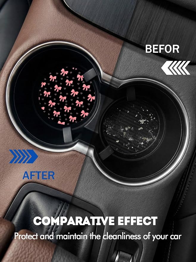 WOCOCN Car Coasters for Cup Holders - 2 Pack 2.75" Universal Rubber Car Cup Coaster, Non-Slip Waterproof Car Interior Accessories, Cute Car Decor Gifts for Women and Men (Bow)