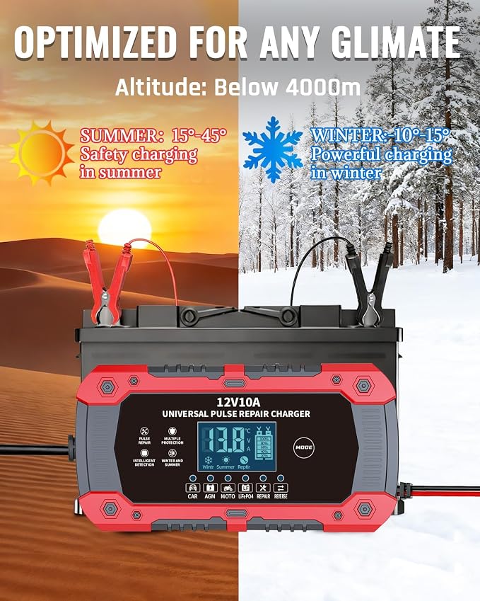 Car Battery Charger 12V 10A - 3-Stage Automatic Trickle Charger Smart Battery Maintainer with LCD Display, Pulse Repair for CAR/AGM/Moto/LiFePO4 Batteries, Compatible with Car Motorcycle ATV