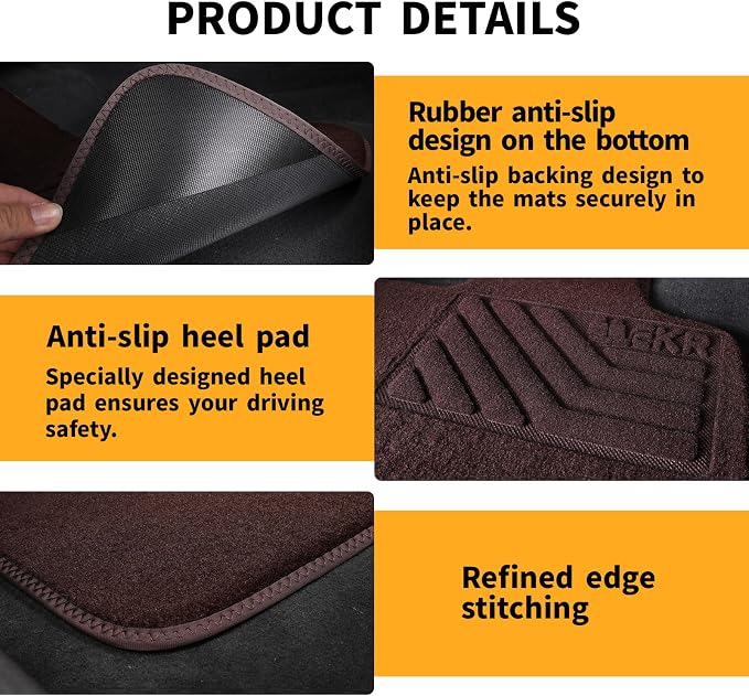 EKR All-Weather Universal Floor Mats,Thick Anti-Slip Car Carpet(Brown) | 0.5 inch Thick Anti-Slip Automotive Floor Mat with Driver Heel Pad Fit for SUV/Vans/Sedans/Trucks,Brown Carpet 4pcs Full set