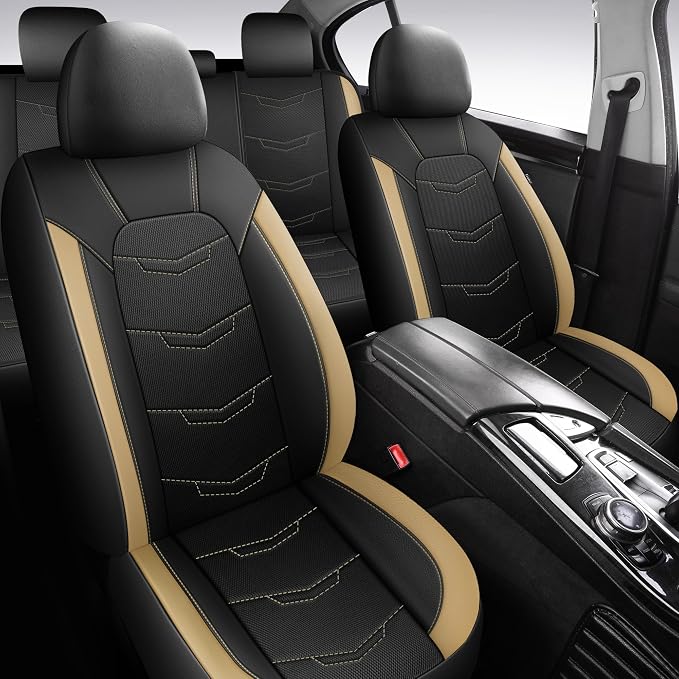 HChengkikz Car Seat Cover, Breathable and Sporty (Black + Beige) | Leather, Universal Fit for Most SUVs, Cars, Sedans, Trucks, Airbag Compatible, Easy to Install