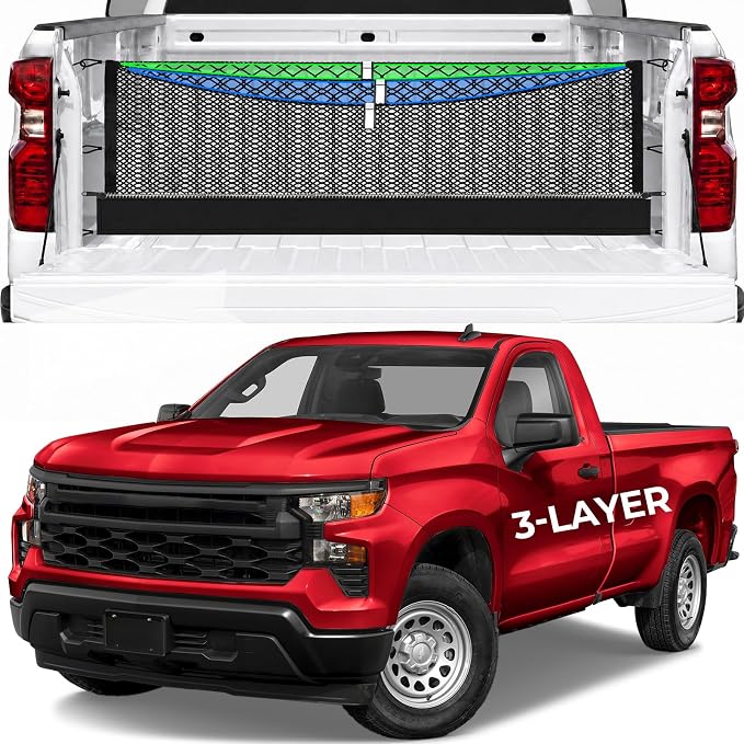 Zoned Storage Cargo Net for Chevy Silverado&GMC Sierra1500/2500HD/3500HD | 2019-2026, 3-Layer Truck Bed Net with Zipper Bag, Heavy Duty Cargo Organizer Storage Nets for Camping& Daily Use