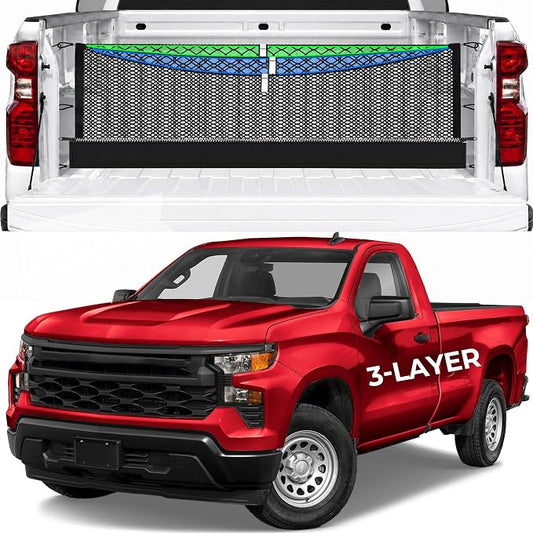 Zoned Storage Cargo Net for Chevy Silverado&GMC Sierra1500/2500HD/3500HD | 2019-2026, 3-Layer Truck Bed Net with Zipper Bag, Heavy Duty Cargo Organizer Storage Nets for Camping& Daily Use