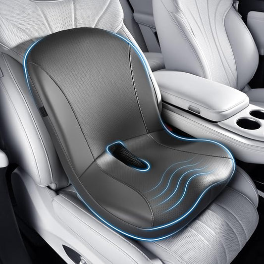 Coverado Car Seat Cushion and Lumbar Support Pillow One Piece, Napa Leather Memory Foam Ergonomic Back Support Driving Seat Cushion for Back Pain, Non-Slip Washable Cushion for Car, Driver, Office