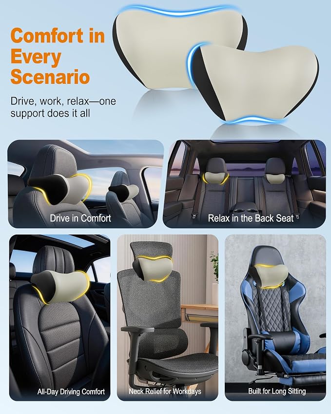 Allaboutsla 2-Pack Car Neck Pillow, Car Headrest Pillow for Neck Support | Memory Foam Car Neck Pillow for Driving with Neck Support, Adjustable Strap, Head Rest Pillow for Long Drives, Trucks, Beige
