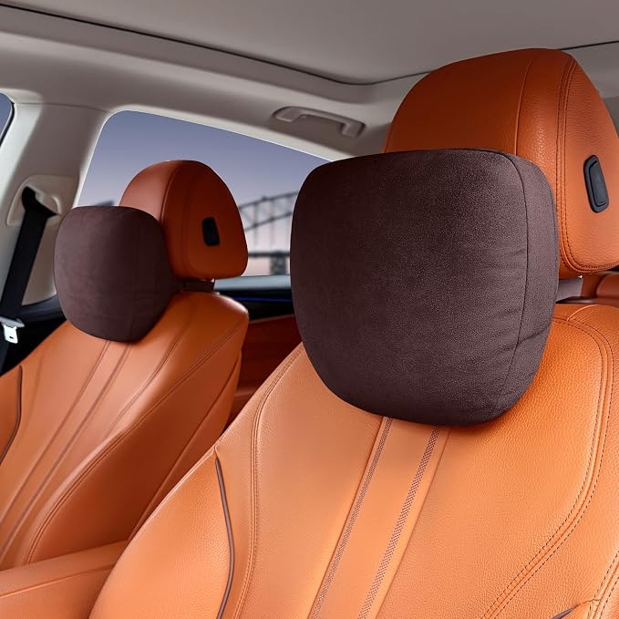 2pcs Car Neck Pillow for headrests,Support Drive Seats Head Cushion Pillows,Superfiber Suede,Plant-Based Polyester,Thickness & Height Adjustable,11.8x7.5,Inner Liner fillable(deep Coffee)
