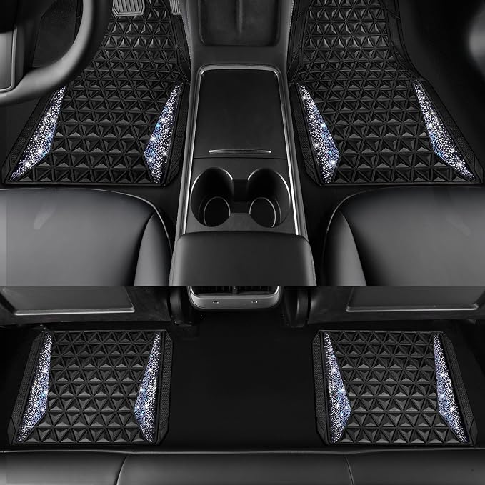 CAR PASS Dazzle Colour Change Car Mats Diamond Floor Mats Full Set Anti-Slip 3D Rhombus Waterproof Universal Trim Fit Liner Glitter Crystal Sparkly Shining Rhinestone Girl Women SUV Sedan Van Colorful