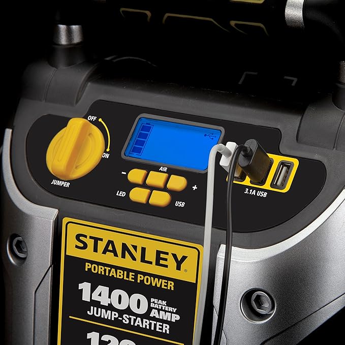 Stanley J7C09D 1400 Peak Amp Automotive Jump Starter, Portable Power – Triple 15W USB Ports, 120 PSI Air Compressor for Tires & Sports Equipment | Portable Power Station with Triple 15W USB Ports