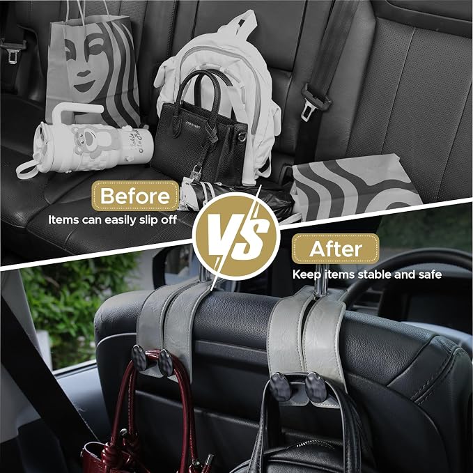 Leather Car Purse Hook for Headrest, 2 Pack (Grey-Black) | Twin Hooks Headrest Hangers, 2/4 Pack, No-Slip, Scratch-Proof, Holds Purses, Backpacks, Grocery Bags, Car Organizer Gift