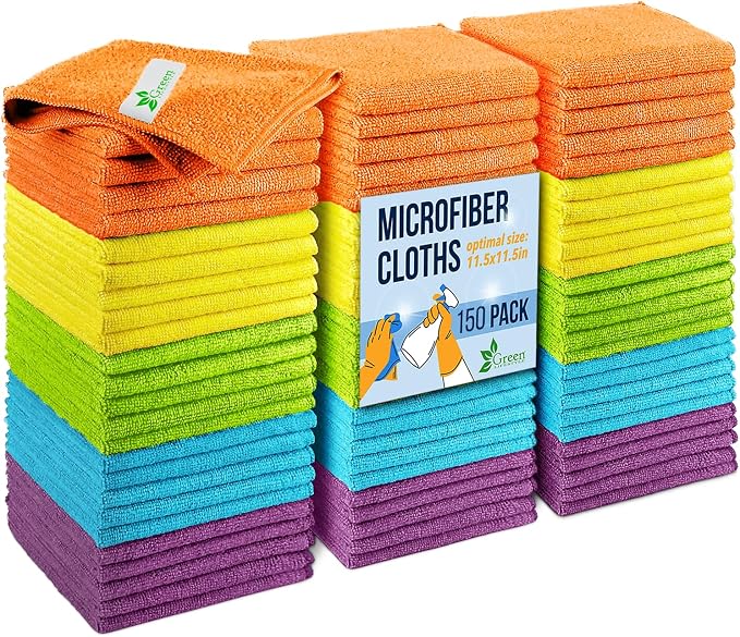 GREEN LIFESTYLE Microfiber Cleaning Cloth 11.5" x 11.5" 150 Pack - Edgeless Microfiber Towels for Cars, Cleaning Rags, Lint Free Car Microfiber Towel, Reusable Cleaning Cloths (Multicolor)