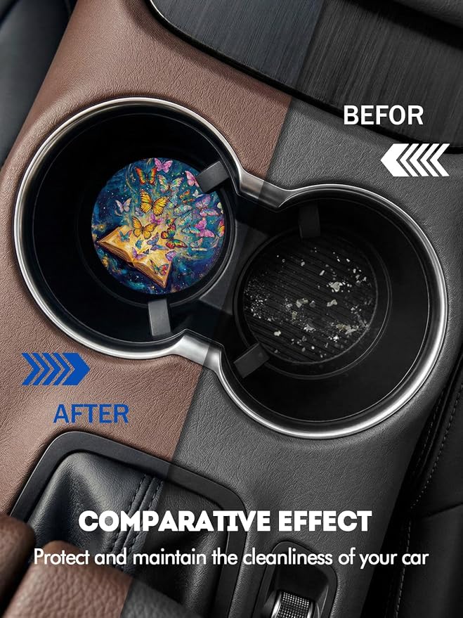 WOCOCN Car Coasters for Cup Holders - 2 Pack 2.75" Universal Rubber Car Cup Coaster, Non-Slip Waterproof Car Interior Accessories, Cute Car Decor Gifts for Women and Men (Butterfly Book)