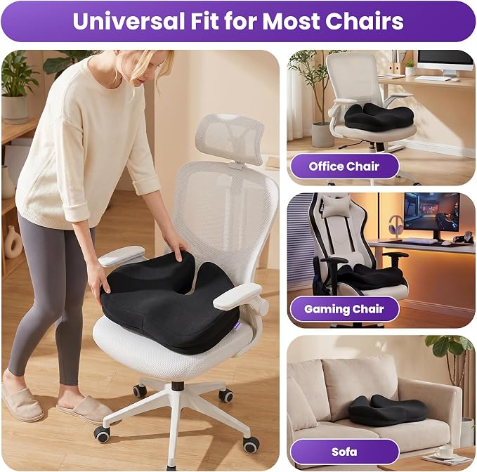 ZZ-WELL Seat Cushion for Office Chairs, Black, 21.2 Inches | Coccyx Cushion for Tailbone Pain, Memory Foam, Extra Large Thick, Patented Pressure Relief, Computer Gaming Chair