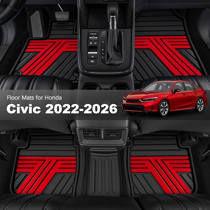 Rubber Floor Mats for Honda Civic Sedan Hatchback Si 2022-2026 | Include Sport but Not for Hybrid, All Weather Car Floor Liners Fit for Acura Integra 2023-2026, 1st & 2nd Row, Black & Red,