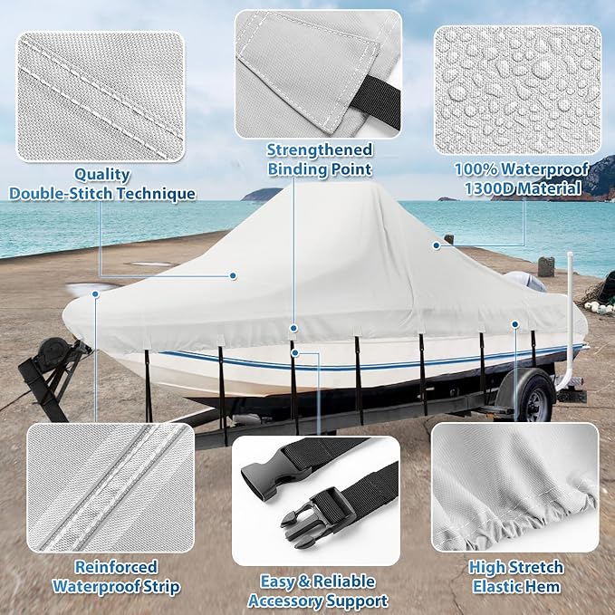 Solim Center Console Boat Cover, 17'-19' Waterproof 1300D PU Heavy Duty Trailerable Boat Cover for Center Console Boat, Marine Grade Oxford UV Resistant Polyester Canvas with 18 Tie Down Straps, Gray