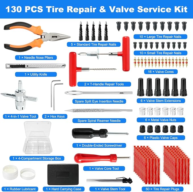 Tire Plug Kit, 130 PCS Tubeless Tire Repair Kit with Heavy-Duty Metal T-Handle Tools, Repair Strips, Screw-in Repair Plugs, Valve Stem Service Accessories & Hard Case for Car SUV Motorcycle ATV