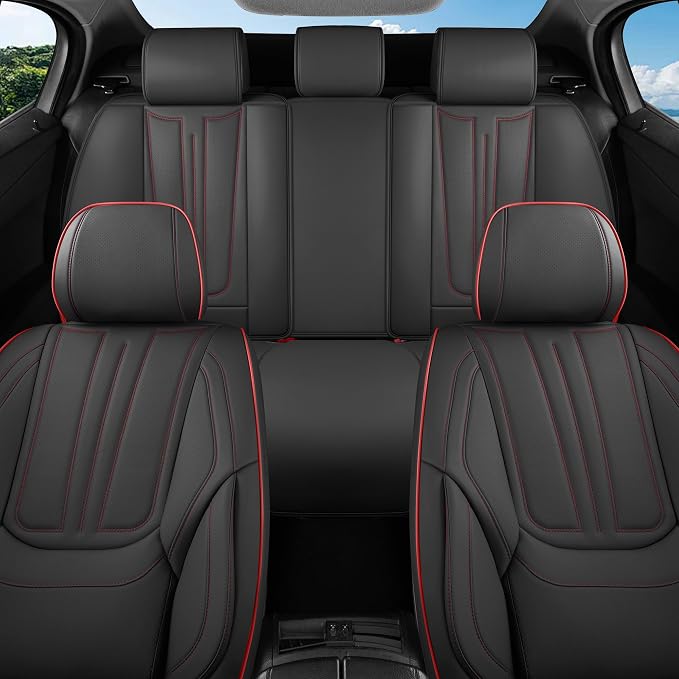 Car Seat Covers Full Set Black and Red line, Premium Leather Car Seat Covers, Waterproof and Breathable Seat Covers, Universal Car Seat Protector Fit for Cars, Trucks, SUVs, Pick-ups