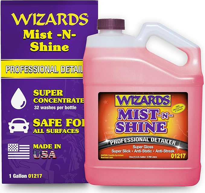 Wizards Mist-N-Shine Quick Detailer Spray - Waterless Wash - 1 Gallon | Anti-Static Formula for Paint, Chrome, Glass, Plastic, and Rubber Trim, Wax-Free, No Petroleum Solvents, Cars, Bikes, Boats